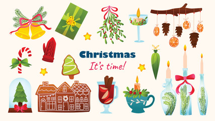 Collection of christmas items, elements and decorations. Gingerbread house,candles,bell,pine cone,omela and other. 