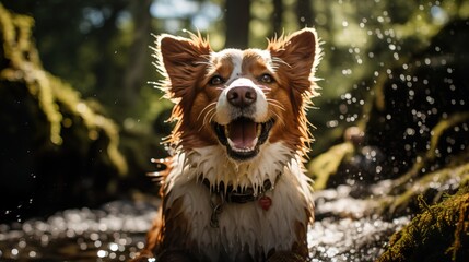 Smiling wet Welsh Corgi outdoors in the water on a sunny day