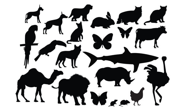 all in 1 wild animal silhouettes or vector set black and white