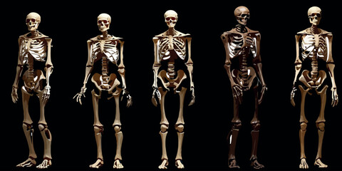 Human skeleton, vector illustration, anatomically correct, educational, medical, scientific, Halloween, spooky, bone structure, skeletal system, skull, rib cage, spine, pelvis, femur, tibia, fibula - obrazy, fototapety, plakaty