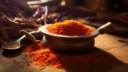 Dried saffron in wooden bowl on wooden table
