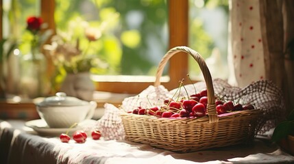 Fototapeta na wymiar Basket of cherries on table.