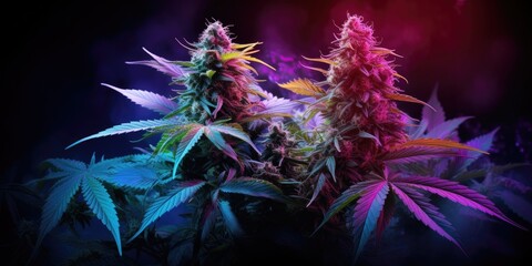 Marijuana plant growing under color lighting. Colored neon large leaves and buds of cannabis hemp. Generative AI