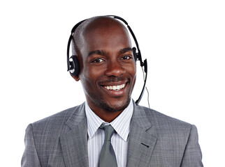 Man, portrait and headset for phone call at telemarketing office for customer service, advice job...