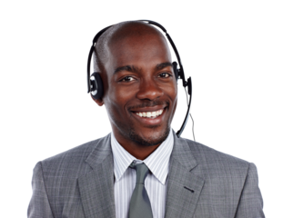 Man, portrait and headset for phone call at telemarketing office for customer service, advice job or isolated on transparent png background. Black person, face and smile for sales, consulting or help