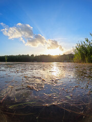 Captured from a low angle, this image beautifully frames the sun's descent behind a calm lake, the...