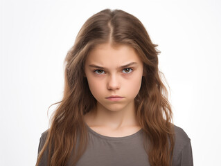 Fototapeta premium Pretty angry girl portrait. Adolescence. Isolated on white background