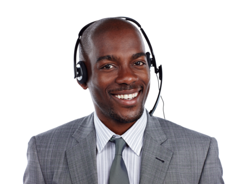 Man, portrait and headset for phone call at telemarketing office for customer service, advice job or isolated on transparent png background. Black person, face and smile for sales, consulting or help