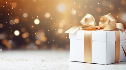 Fantastic beautiful white gift box with ribbons on festive background, free space for text