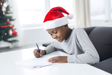 Black skin boy wearing a santa claus hat at home, writes a letter asking for a gift for Christmas - obrazy, fototapety, plakaty