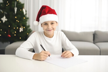 Boy wearing a santa claus hat at home, writes a letter asking for a gift for Christmas
