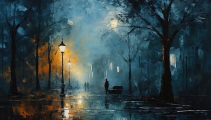 Painting of a street lamp. Mysterious and dreamlike scene.