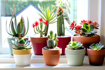 Succulent pots are placed side by side on a warm window sill. The shapes of the green succulents are all different and cute. 
Generative AI.