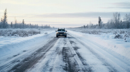 car traveling down a snow covered road, in desolate winter or polar landscape, off-road travel with road vehicle, traditional environmental and nature awareness