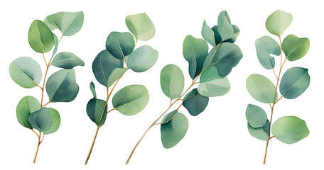 watercolor drawing, set of eucalyptus leaves. delicate illustration, clipart	