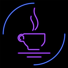 cup tea neon sign, modern glowing banner design, colorful modern design trends on black background. Vector illustration.