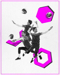 Contemporary art, collage. Young athletic man, volleyball player in monochrome filter training to kicking ball with hands in motion.