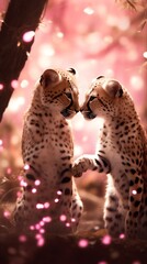 Obraz premium Two super cute cheetah couple in love kissing. Happy Valentine's day greeting card. AI generated image