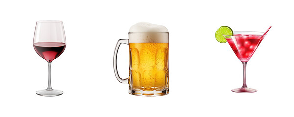 transparent background cutouts set of: Glassware: Wine Glass, Beer Mug, Cocktail Glass