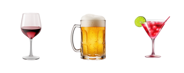 transparent background cutouts set of: Glassware: Wine Glass, Beer Mug, Cocktail Glass