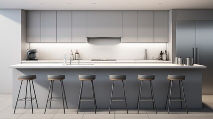 A kitchen with a counter and four stools