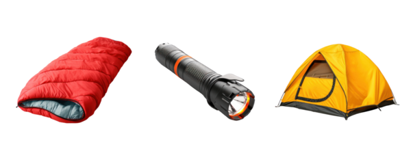transparent background cutouts set of: Camping Gear: Tent, Sleeping Bag, Flashlight