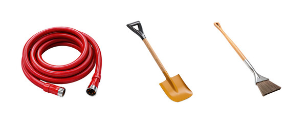 transparent background cutouts set of: Gardening Tools: Shovel, Rake, Hose
