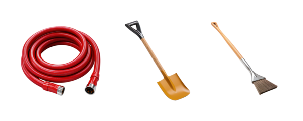 transparent background cutouts set of: Gardening Tools: Shovel, Rake, Hose