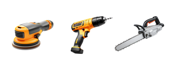 transparent background cutouts set of: Workshop Tools: Drill, Saw, Sander