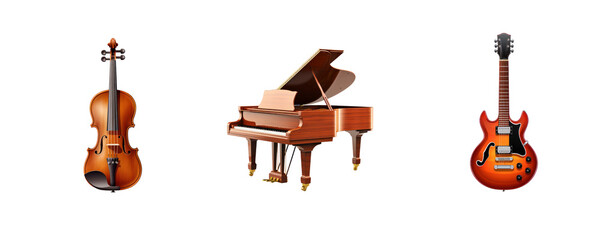 transparent background cutouts set of: Musical Instruments: Violin, Piano, Guitar