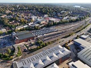 Norwich railway station UK drone , aerial , view from air