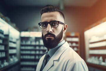 Fototapeta na wymiar Bearded pharmacist medicine counter. Man with eyewear in apothecary medical shop. Generate ai