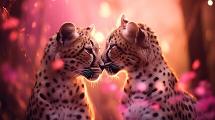 Obraz premium Two super cute cheetah couple in love kissing. Happy Valentine's day greeting card. AI generated image