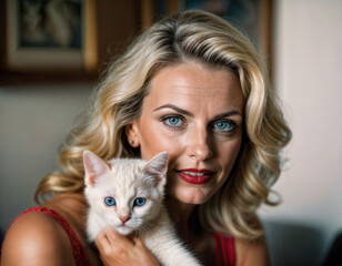photo of beautiful middle aged woman with blonde hair holding kitten in room, generative AI