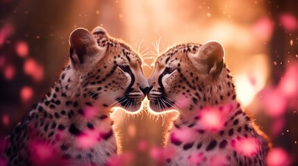 Obraz premium Two super cute cheetah couple in love kissing. Happy Valentine's day greeting card. AI generated image