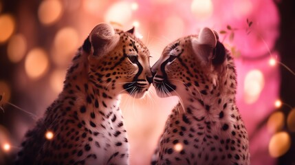 Fototapeta premium Two super cute cheetah couple in love kissing. Happy Valentine's day greeting card. AI generated image