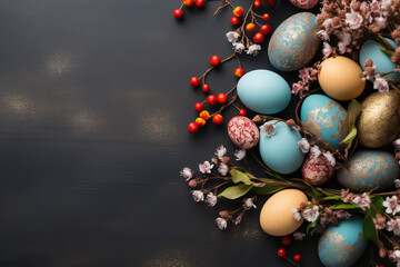 Decorated Easter eggs on a dark background with copy space, flat lay