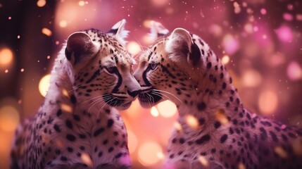 Obraz premium Two super cute cheetah couple in love kissing. Happy Valentine's day greeting card. AI generated image