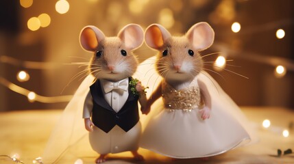Two super cute mouses bride and groom. Lovely wedding couple. AI generated image - obrazy, fototapety, plakaty