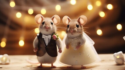 Two super cute mouses bride and groom. Lovely wedding couple. AI generated image