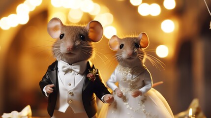 Two super cute mouses bride and groom. Lovely wedding couple. AI generated image