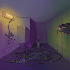 bathroom lofi style, snakes in the bathroom horror illustration