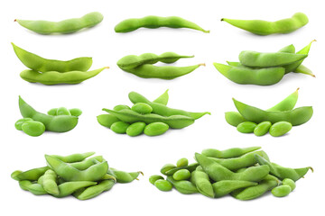 Fresh edamame soybeans and pods isolated on white, set