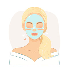 Girl with a hydrogel cosmetic mask on her face consisting of two parts.
