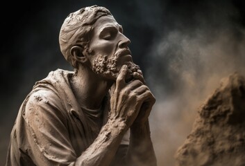 Sculpted thoughtful man dust breathing. Architectural male confusion dirt covering. Generate ai