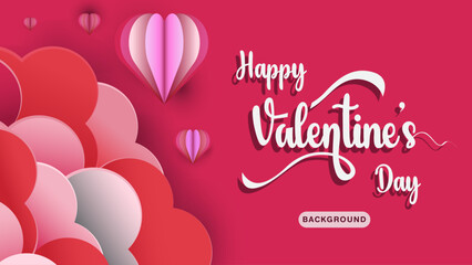 Happy Valentine's day card. Horizontal Poster or banner  with pink sky and paper cut clouds. template with hearts.. Vector illustration