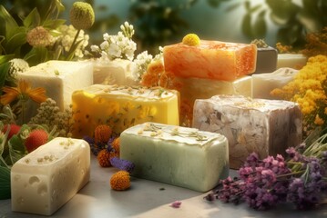 Set foams handmade. Multicolored and natural soaps with medicinal herbs. Generate AI