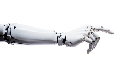 Robot hand pointing index finger, showing gesture, isolated on white background