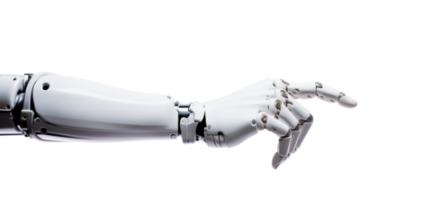 Robot hand pointing index finger, showing gesture, isolated on white background
