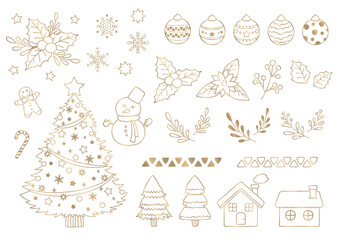 クリスマスのイラスト素材セット。白色の背景に金色の線画イラスト。装飾パーツ集。